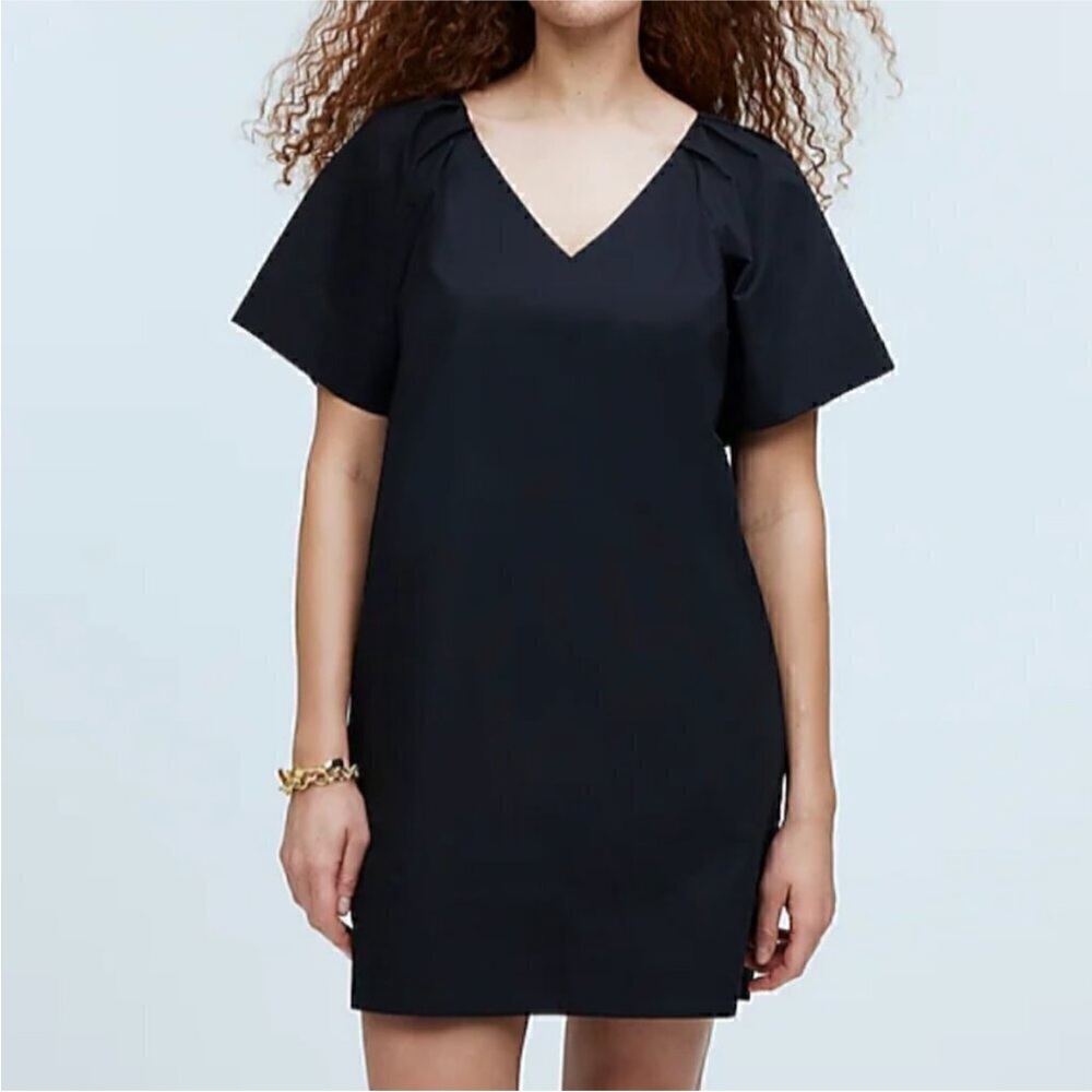 NWT Madewell Black poplin Sheath Mini Dress V-Neck with puff sleeves